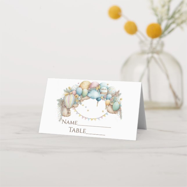Watercolor rainbow Air Balloon Baby Shower  Place Card (Front)
