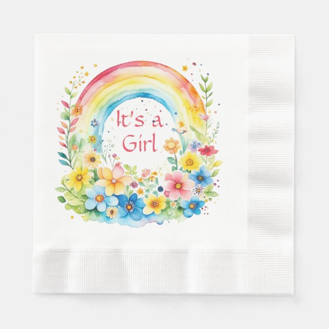 Watercolor Rainbow and Flowers It's a Girl Napkin (Front)