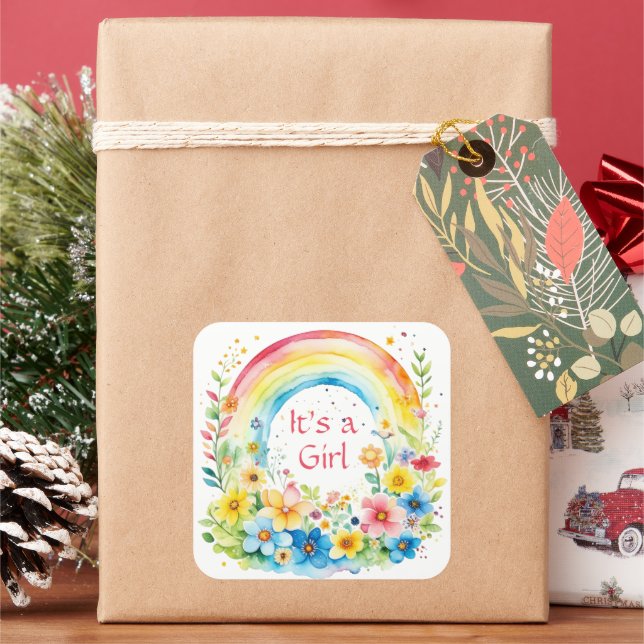 Watercolor Rainbow and Flowers It's a Girl Square Sticker (Holiday)