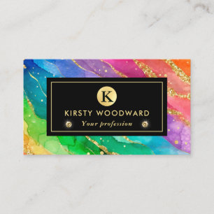 Watercolor Rainbow and Gold Glitter Alcohol Ink Business Card