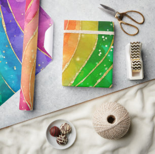 Watercolor Rainbow and Gold Glitter Alcohol Ink Wrapping Paper