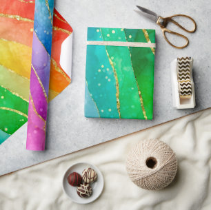 Watercolor Rainbow and Gold Glitter Alcohol Ink Wrapping Paper