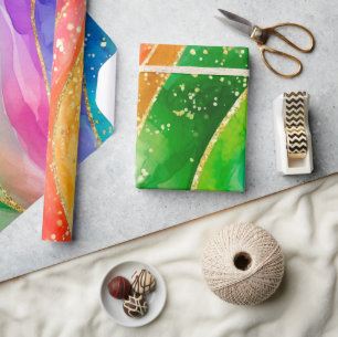 Watercolor Rainbow and Gold Glitter Alcohol Ink Wrapping Paper