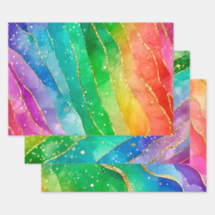 Watercolor Rainbow and Gold Glitter Alcohol Ink Wrapping Paper Sheet