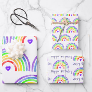 Watercolor Rainbow and Hearts Happy Birthday Wrapping Paper Sheet