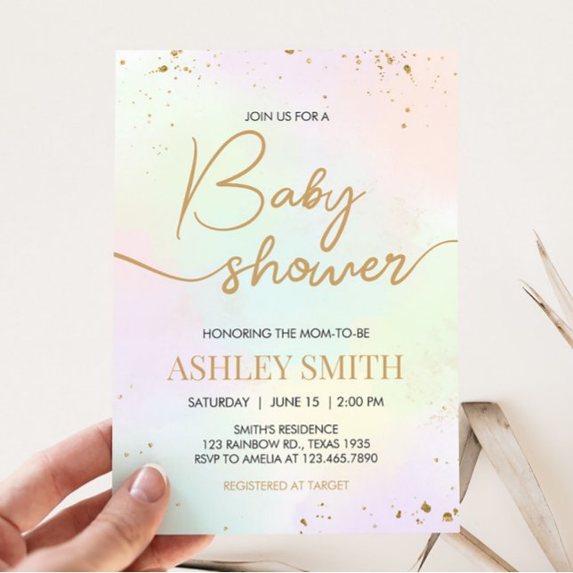 Watercolor Rainbow Baby Shower Invitation (Pastel Gold Sprinkle Baby Shower Invitation)