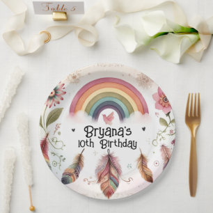 Watercolor Rainbow Bird & Feathers Boho Birthday Paper Plate