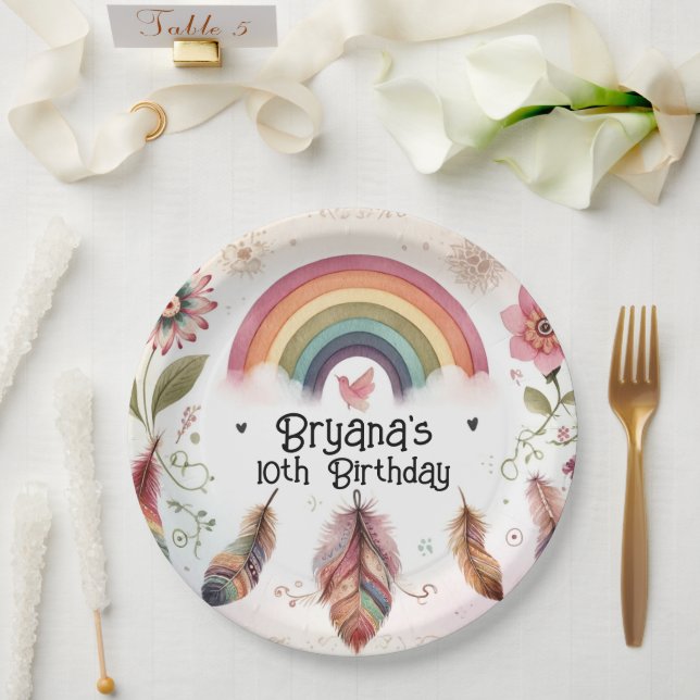 Watercolor Rainbow Bird & Feathers Boho Birthday  Paper Plate (Wedding)