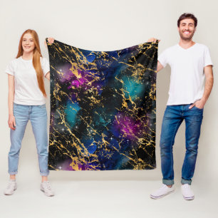 Watercolor Rainbow & Black & Gold Marble Galaxy Fleece Blanket
