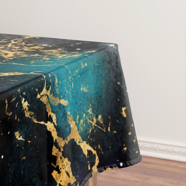 Watercolor Rainbow & Black & Gold Marble Galaxy Tablecloth (In Situ)