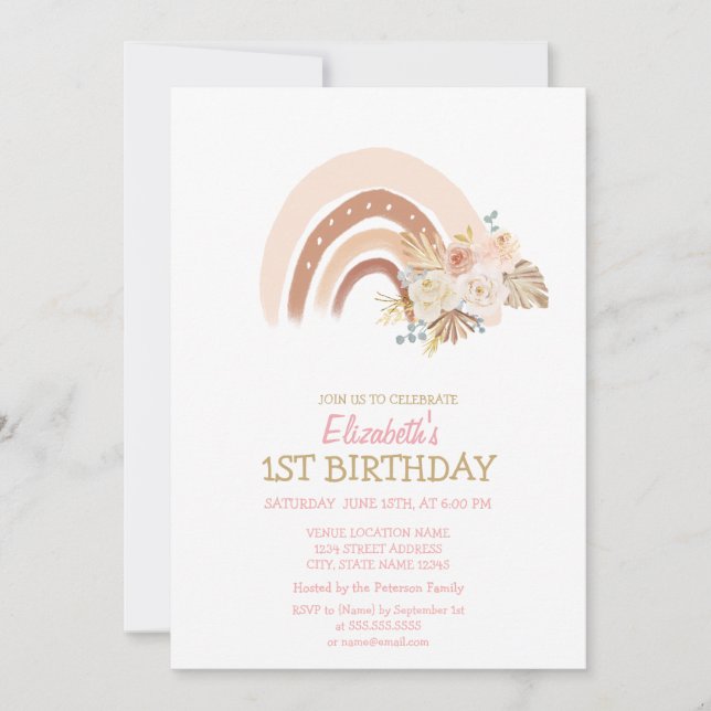 Watercolor Rainbow Boho Flowers Striped Birthday  Invitation (Front)