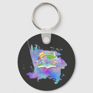 Watercolor Rainbow Book Button Key Ring