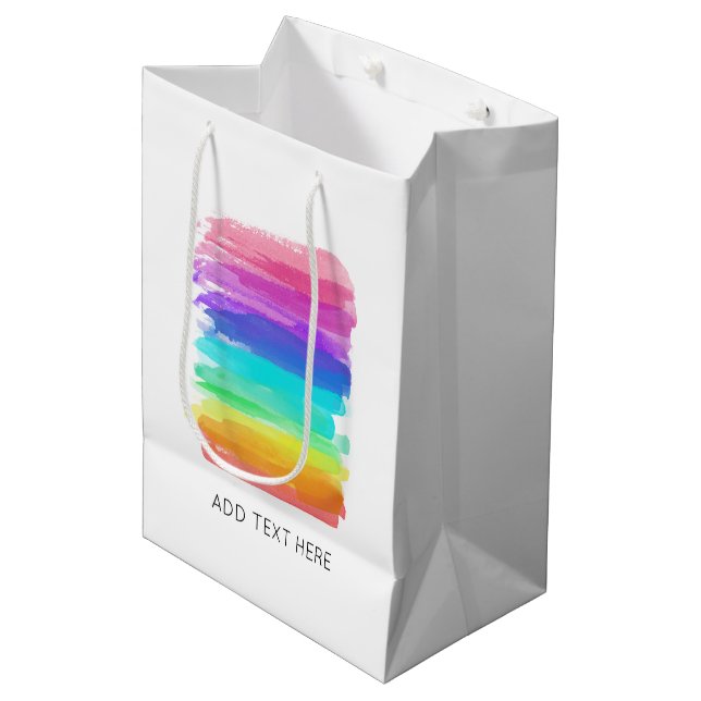 Watercolor Rainbow Brushstrokes Artist Custom Text Medium Gift Bag (Front Angled)