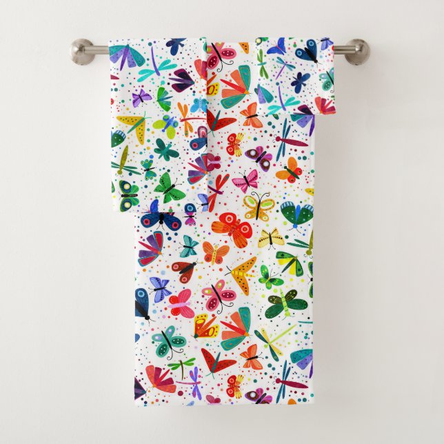Watercolor Rainbow Butterflies Kids Pattern Bath Towel Set (Insitu)