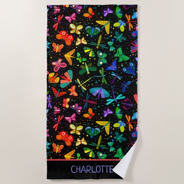 Watercolor Rainbow Butterflies Kids Personalised Beach Towel (Front)