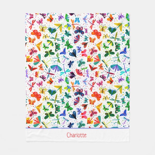 Watercolor Rainbow Butterflies Kids Personalised Fleece Blanket (Front)