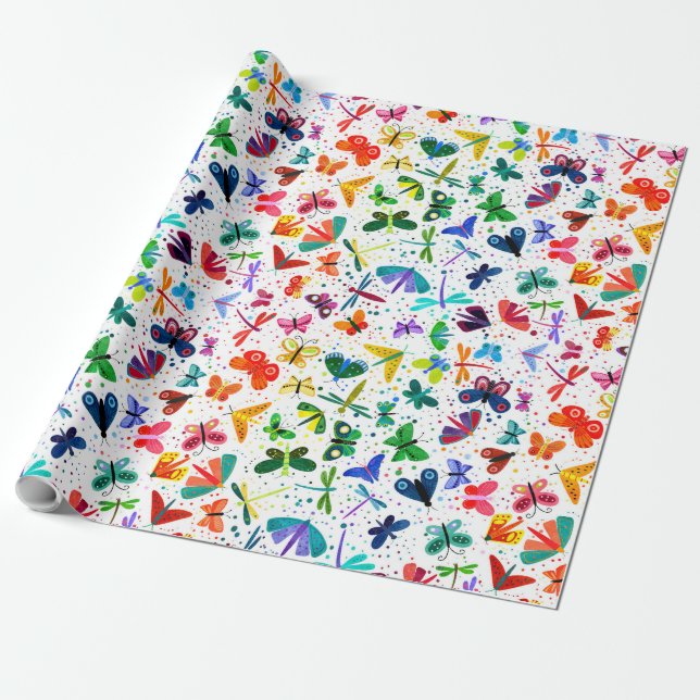 Watercolor Rainbow Butterflies Kids Wrapping Paper (Unrolled)