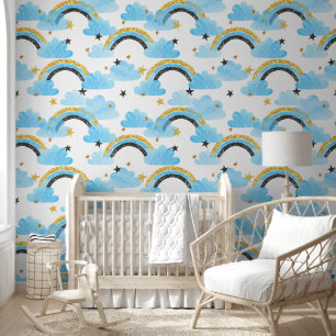 Watercolor Rainbow Clouds Stars Baby Blue Nursery Wallpaper