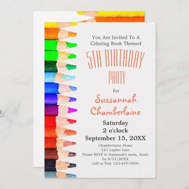 Watercolor Rainbow Coloured Pencils Kids Party Invitation (Front/Back)