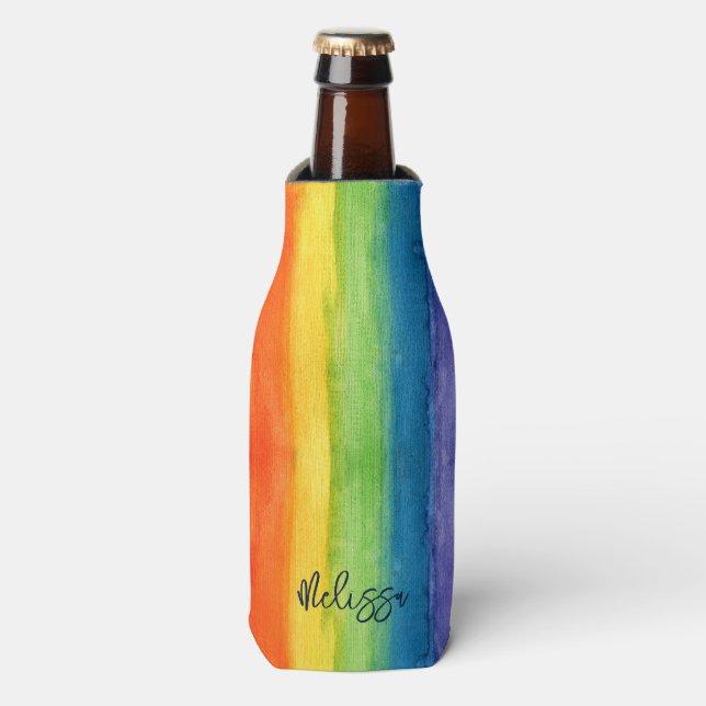 Watercolor Rainbow Colourful Personalised Modern Bottle Cooler (Bottle Front)