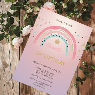 Watercolor Rainbow Crown Glitter  Birthday   Invitation