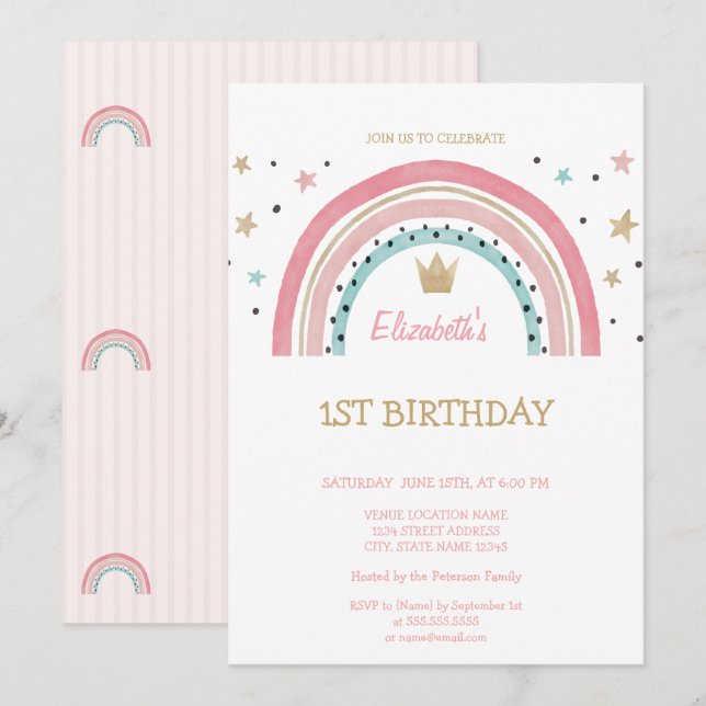 Watercolor Rainbow Crown Striped Birthday  Invitation (Front/Back)