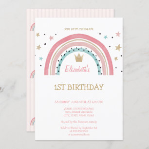 Watercolor Rainbow Crown Striped Birthday  Invitation