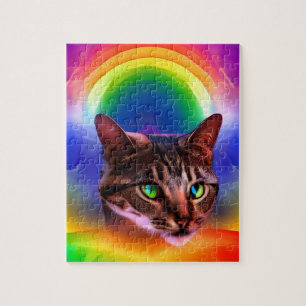 Watercolor Rainbow Cute Colourful Cat Jigsaw Puzzle