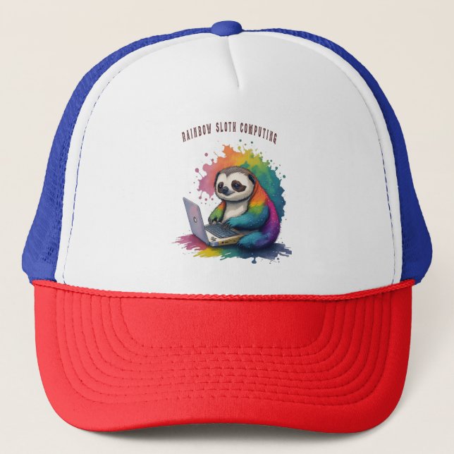 Watercolor Rainbow Cute Sloth Computing Trucker Hat (Front)