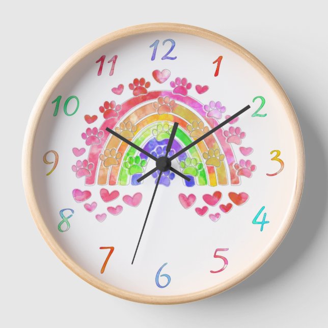 Watercolor Rainbow Dog Paw Prints And Hearts Clock (Front)