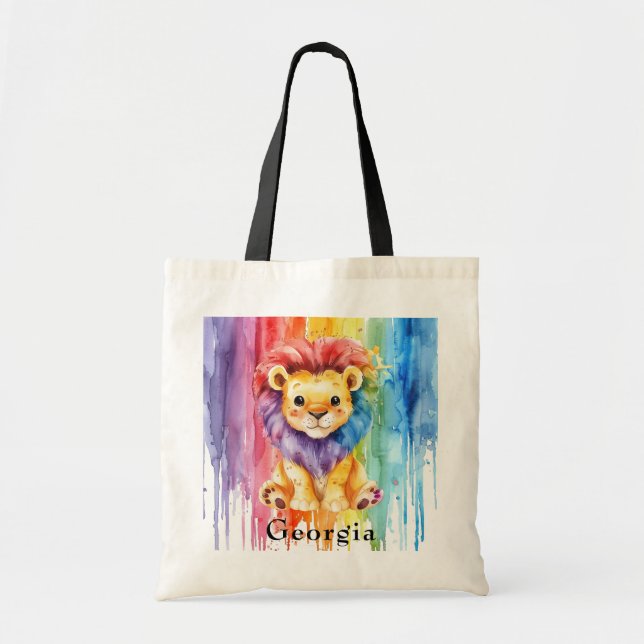 Watercolor Rainbow Drip Paint Lion Custom Tote Bag (Front)