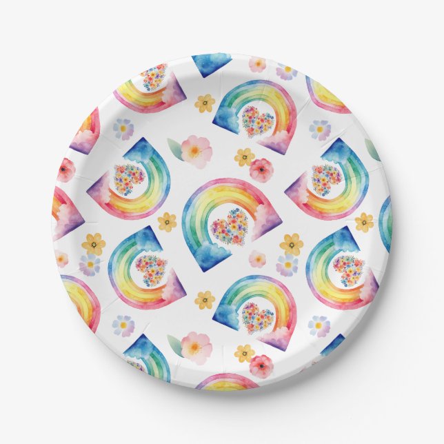 Watercolor Rainbow Floral Heart Party Plates (Front)