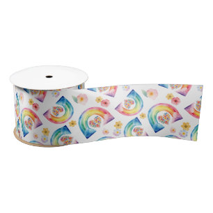 Watercolor Rainbow Floral Heart Satin Ribbon