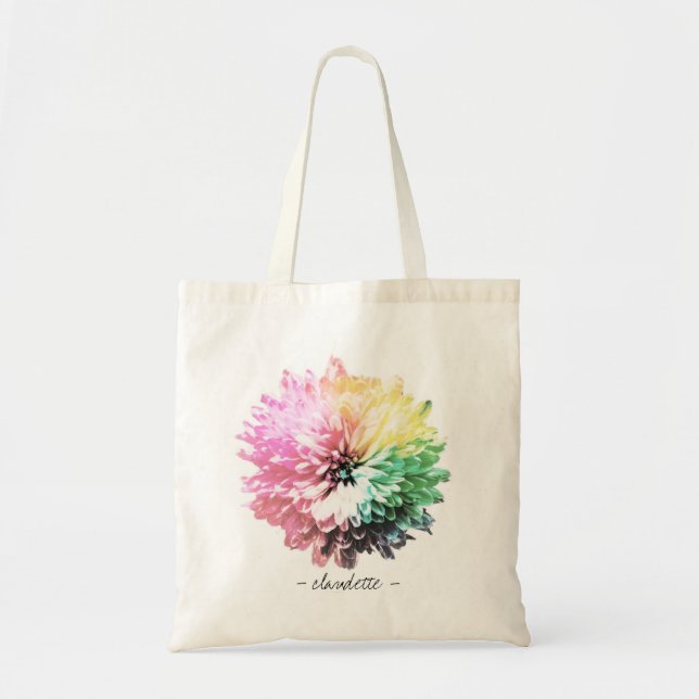 Watercolor Rainbow Flower Personalized Tote Bag (Front)