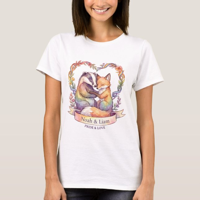 Watercolor Rainbow Fox & Badger Pride Personalised T-Shirt (Front)