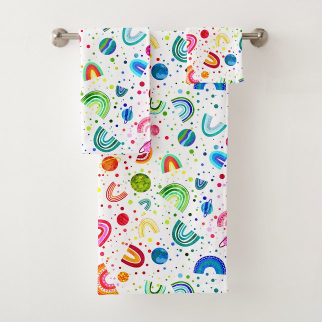 Watercolor Rainbow Galaxy Girls Colourful Bath Towel Set (Insitu)