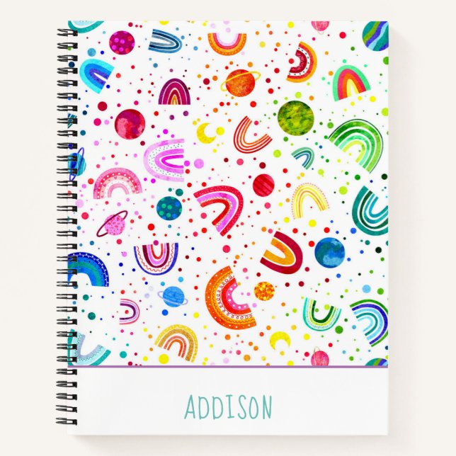 Watercolor Rainbow Galaxy Personalised Girls Notebook (Front)