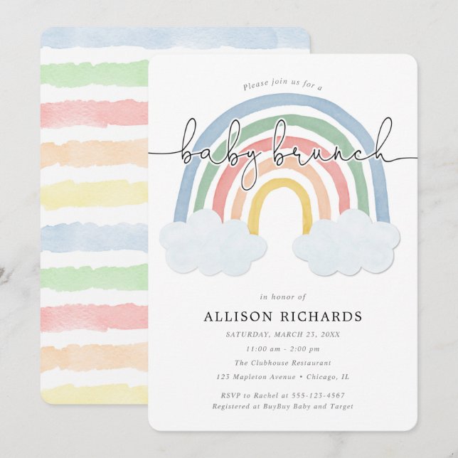 Watercolor rainbow gender neutral baby brunch invitation (Front/Back)
