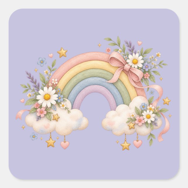Watercolor Rainbow Gift – Charming Cloud Square Sticker (Front)