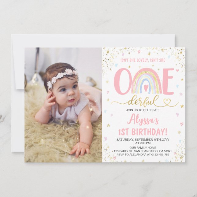 Watercolor rainbow girl 1st Birthday Party Photo Invitation (Front)