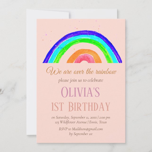 Watercolor Rainbow Girly First Birthday Birthday  Invitation (Front)