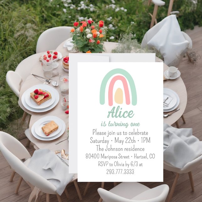 Watercolor rainbow green pink yellow  1st Birthday Invitation (Creator Uploaded)