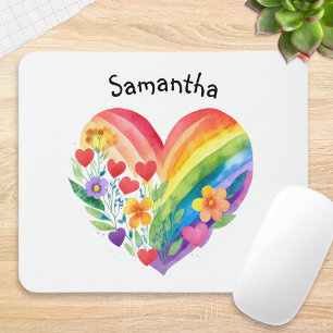 Watercolor Rainbow Heart & Flowers Personalised Mouse Pad