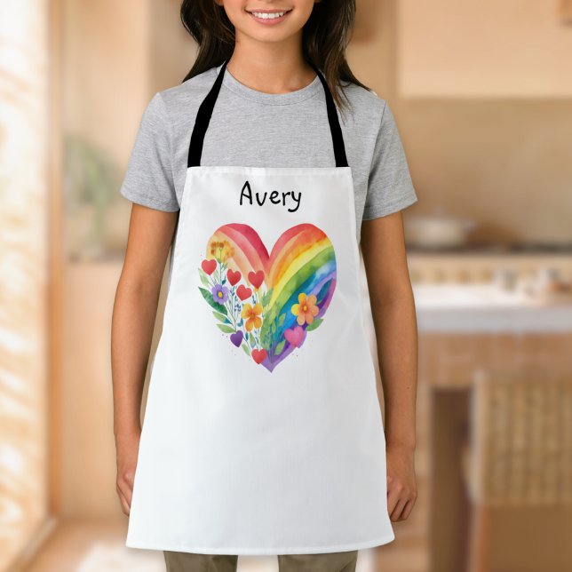 Watercolor Rainbow Heart Personalised Apron (A personalized apron with floral rainbow heart design in a watercolor style, on a white background)