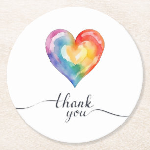Watercolor Rainbow Heart Thank You Round Coaster