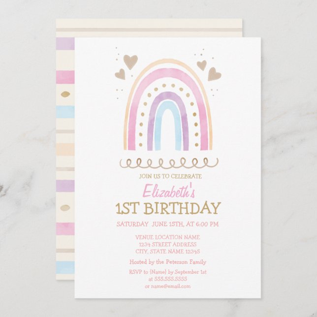 Watercolor Rainbow Hearts Striped Birthday   Invitation (Front/Back)
