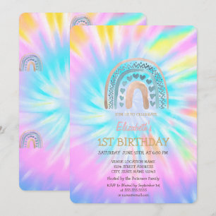 Watercolor Rainbow Hearts Tie Dye Birthday  Invitation
