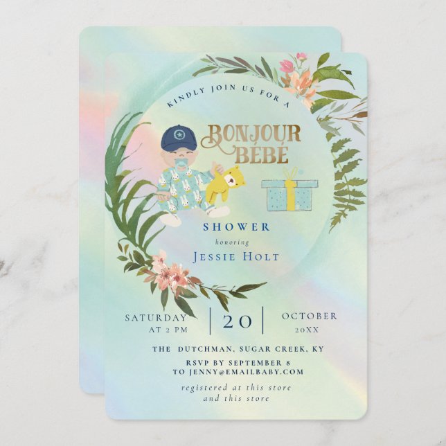 Watercolor Rainbow Holograph Bonjour Boy Baby Invitation (Front/Back)