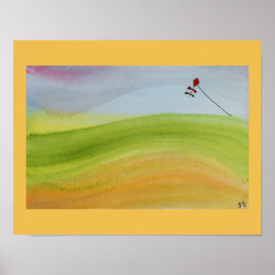 Watercolor rainbow landscape with kite poster