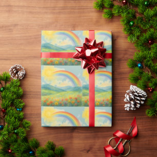 Watercolor Rainbow Landscape with Sun&Wildflowers Wrapping Paper